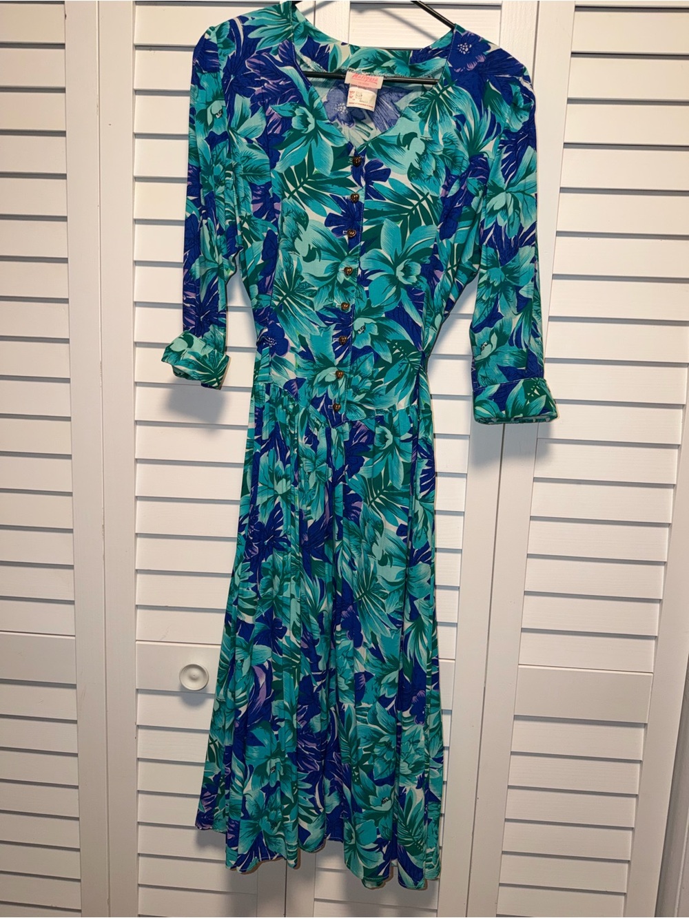 Vintage 90βs Mariposa Teal & Navy Floral-Leaf Heart Button Midi Dress Sz 9/10